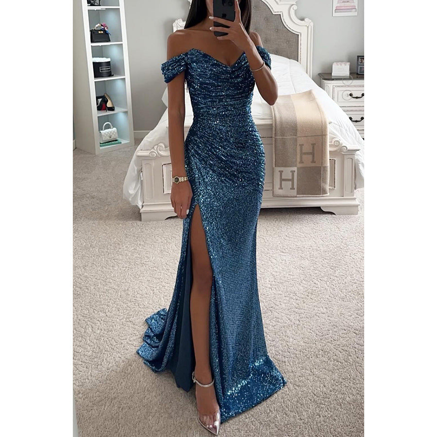 Sequins Off-neck Split Dress