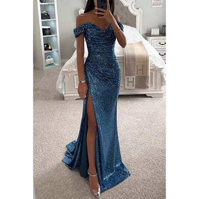 Sequins Off-neck Split Dress