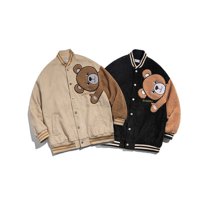 Mens' Cozy Teddy Bear Embroidered Bomber Jacket