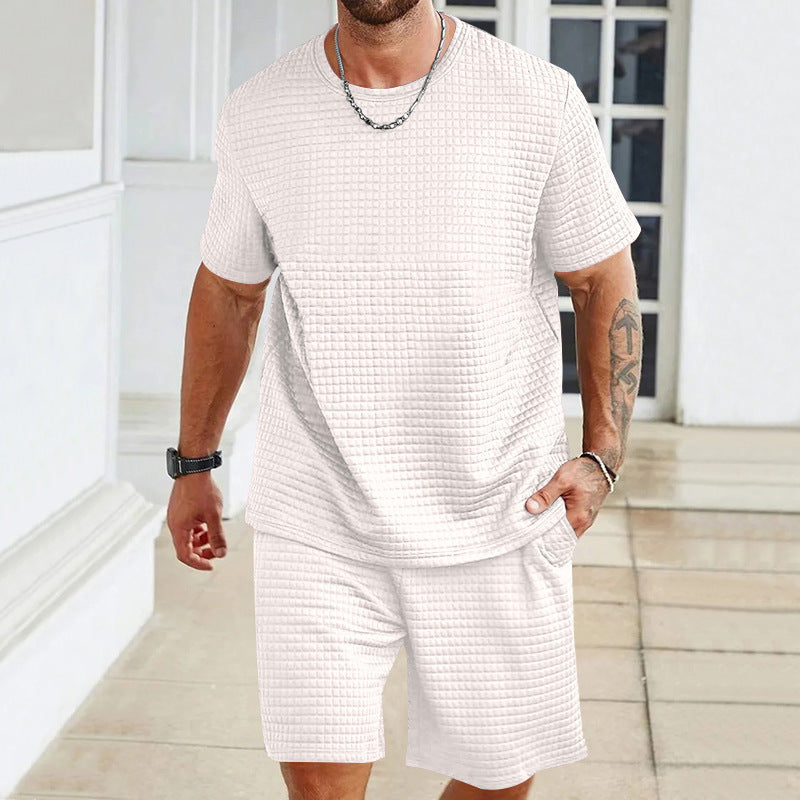 Men's Casual Textured Short Sleeve T-Shirt & Shorts Set – Comfortable Summer Loungewear