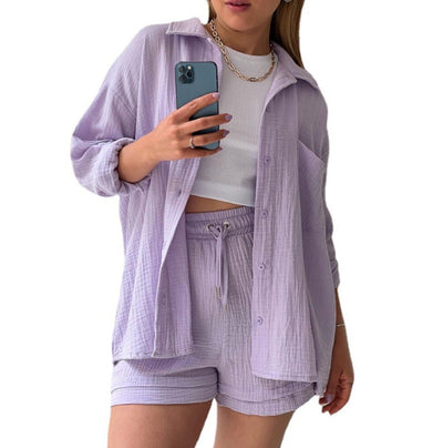 Wrinkled Fabric Casual Shorts Set