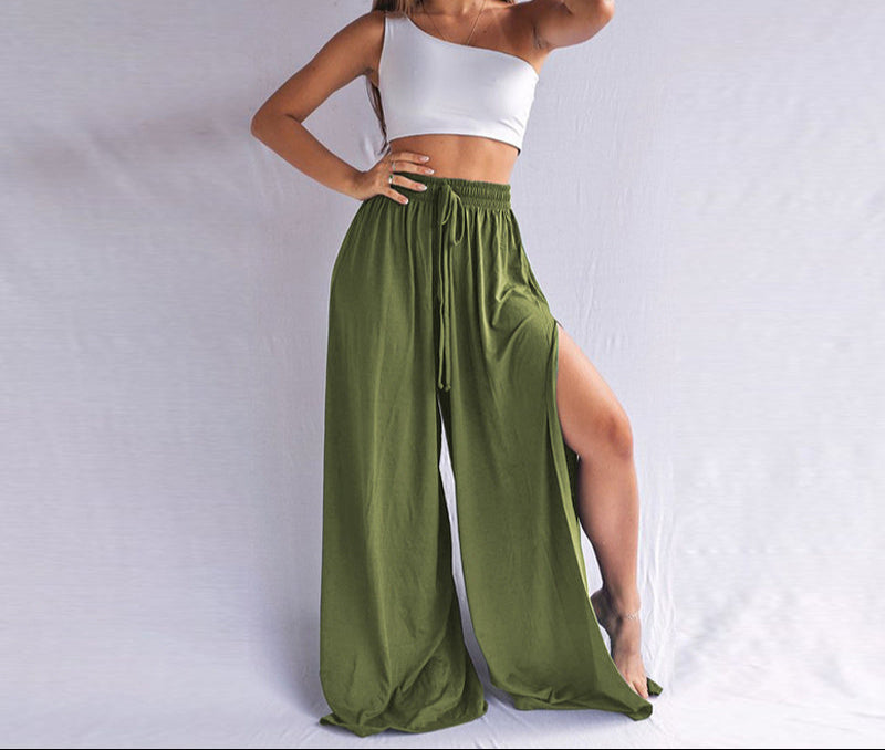 Loose Drawstring Side Slit Wide Leg Pants