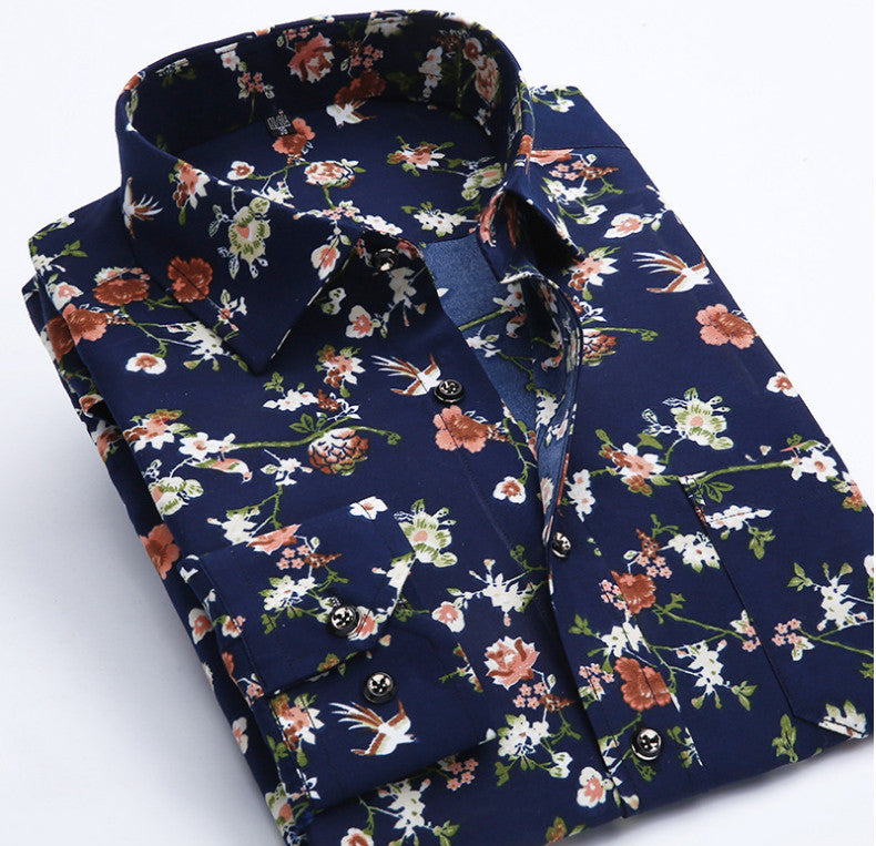 Men's White Dress Shirt with Navy Floral Pattern – Elegant, Classic & Versatile