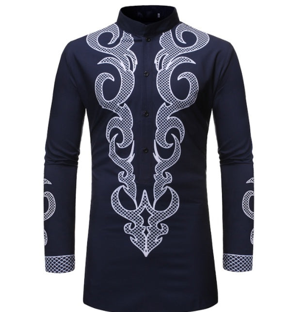 Men's Traditional African Embroidered Dashiki Shirt – Elegant Nigerian Style with Gold & White Detailing
