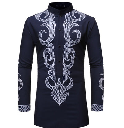 Men's Traditional African Embroidered Dashiki Shirt – Elegant Nigerian Style with Gold & White Detailing