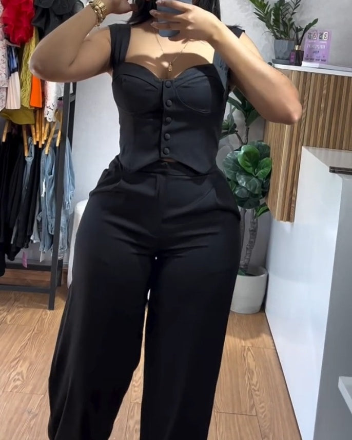 Slim Fit Vest & High Waisted Wide Leg Pants