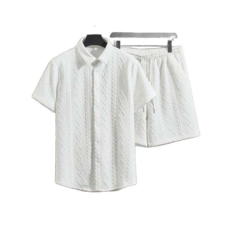 Men's Elegant Textured Short Sleeve Shirt & Matching Shorts Set – Classic, Stylish, Comfortable