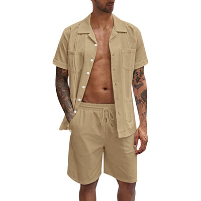 Men’s Short Sleeve Casual Button-Down Shirt & Drawstring Shorts Set – Stylish, Comfortable Summer Outfit