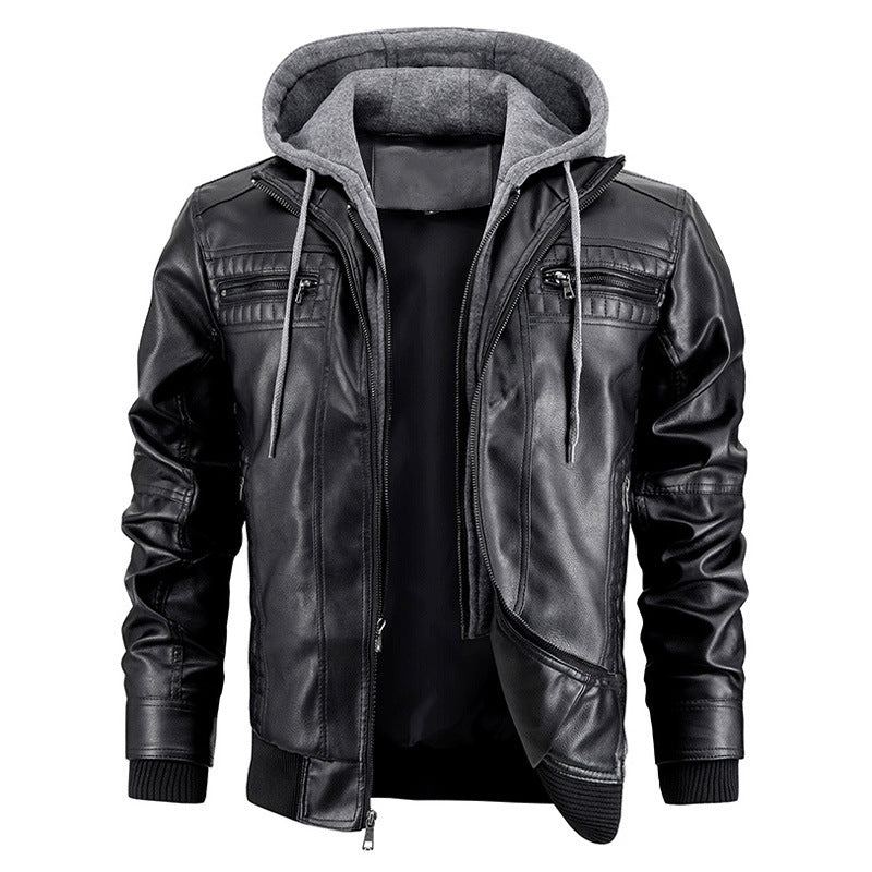 Hooded Jacket With Zipper Pockets Fashion Warm Leather Coat Mens Clothing