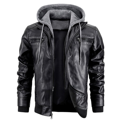 Hooded Jacket With Zipper Pockets Fashion Warm Leather Coat Mens Clothing