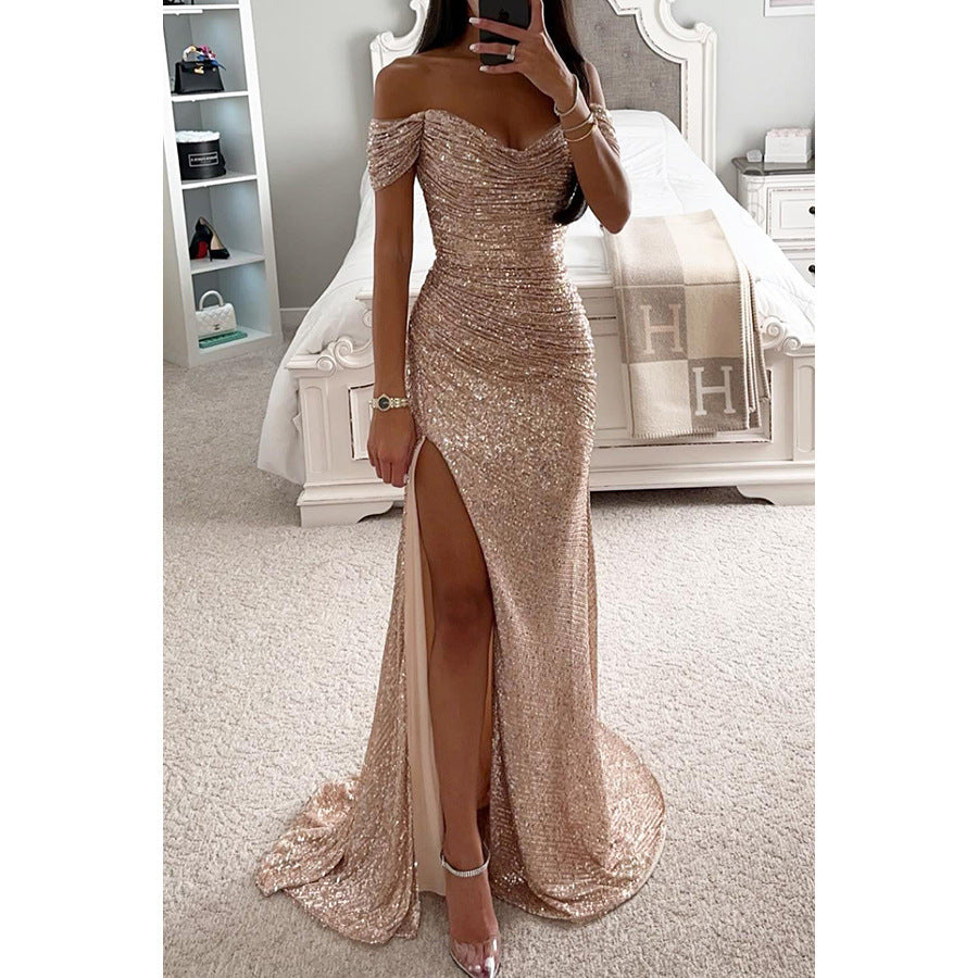 Sequins Off-neck Split Dress
