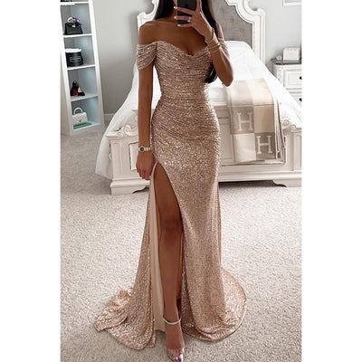 Sequins Off-neck Split Dress