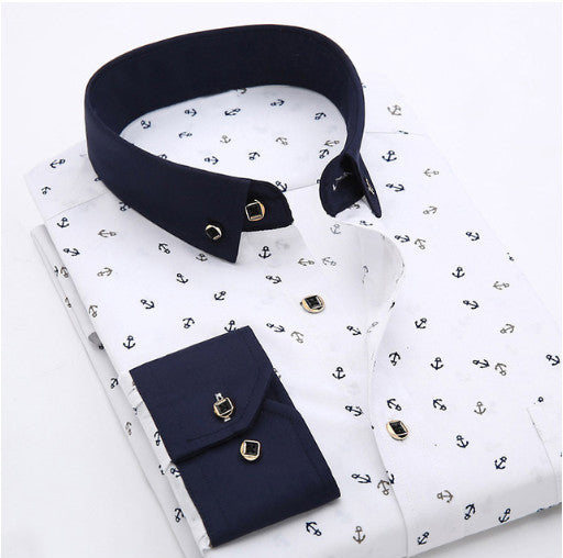 Men's White Dress Shirt with Navy Floral Pattern – Elegant, Classic & Versatile