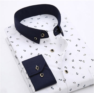 Men's White Dress Shirt with Navy Floral Pattern – Elegant, Classic & Versatile