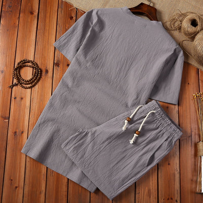Elegant Linen Men's Pajama Set with Button-Down Top and Drawstring Pants