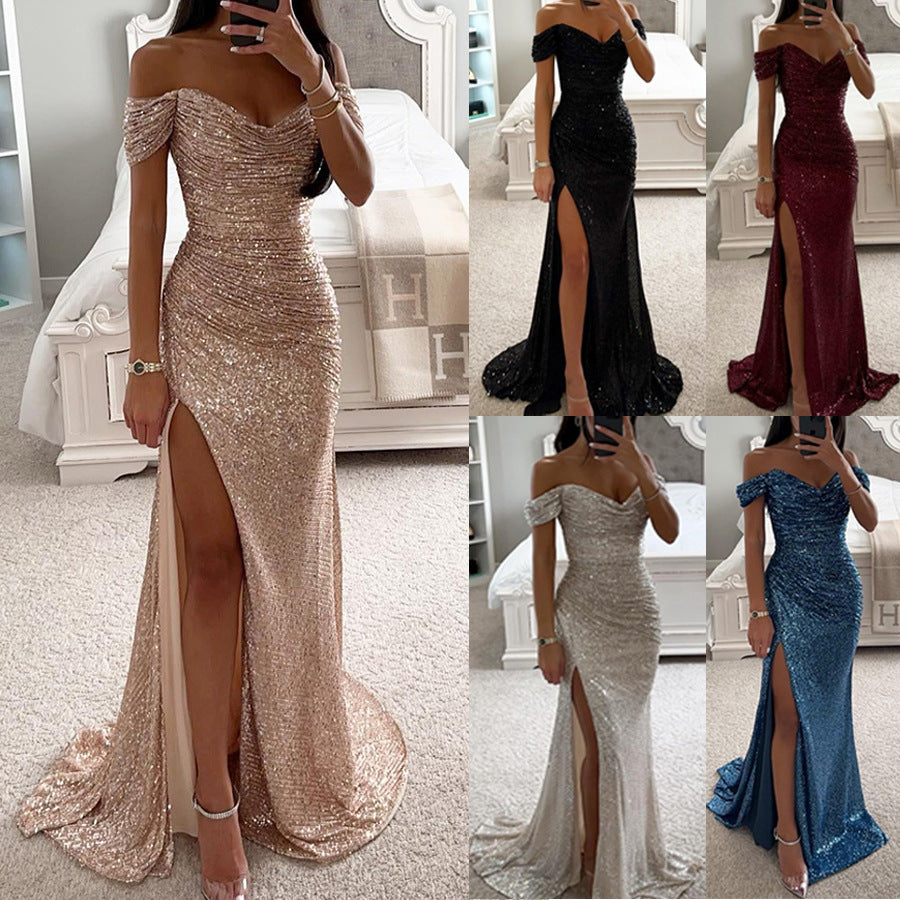 Sequins Off-neck Split Dress