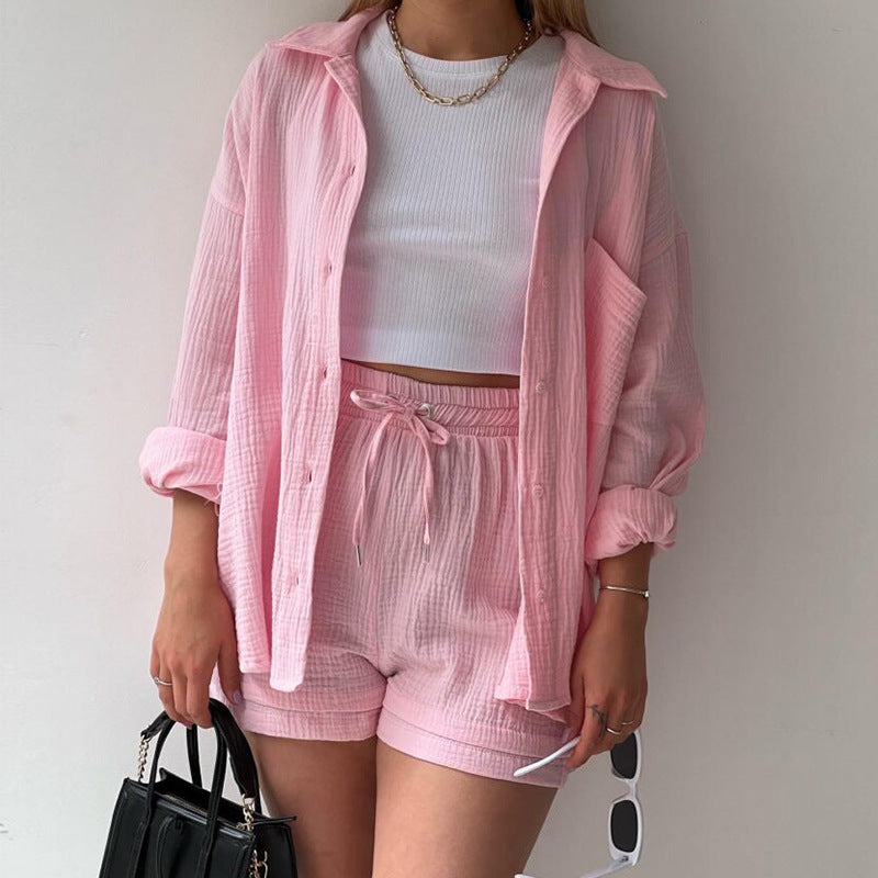 Wrinkled Fabric Casual Shorts Set