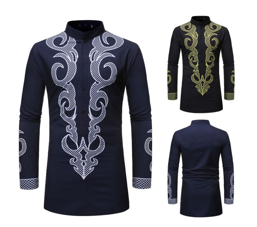 Men's Traditional African Embroidered Dashiki Shirt – Elegant Nigerian Style with Gold & White Detailing