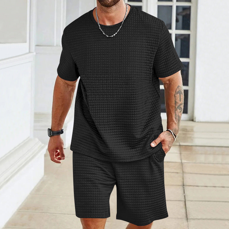 Men's Casual Textured Short Sleeve T-Shirt & Shorts Set – Comfortable Summer Loungewear