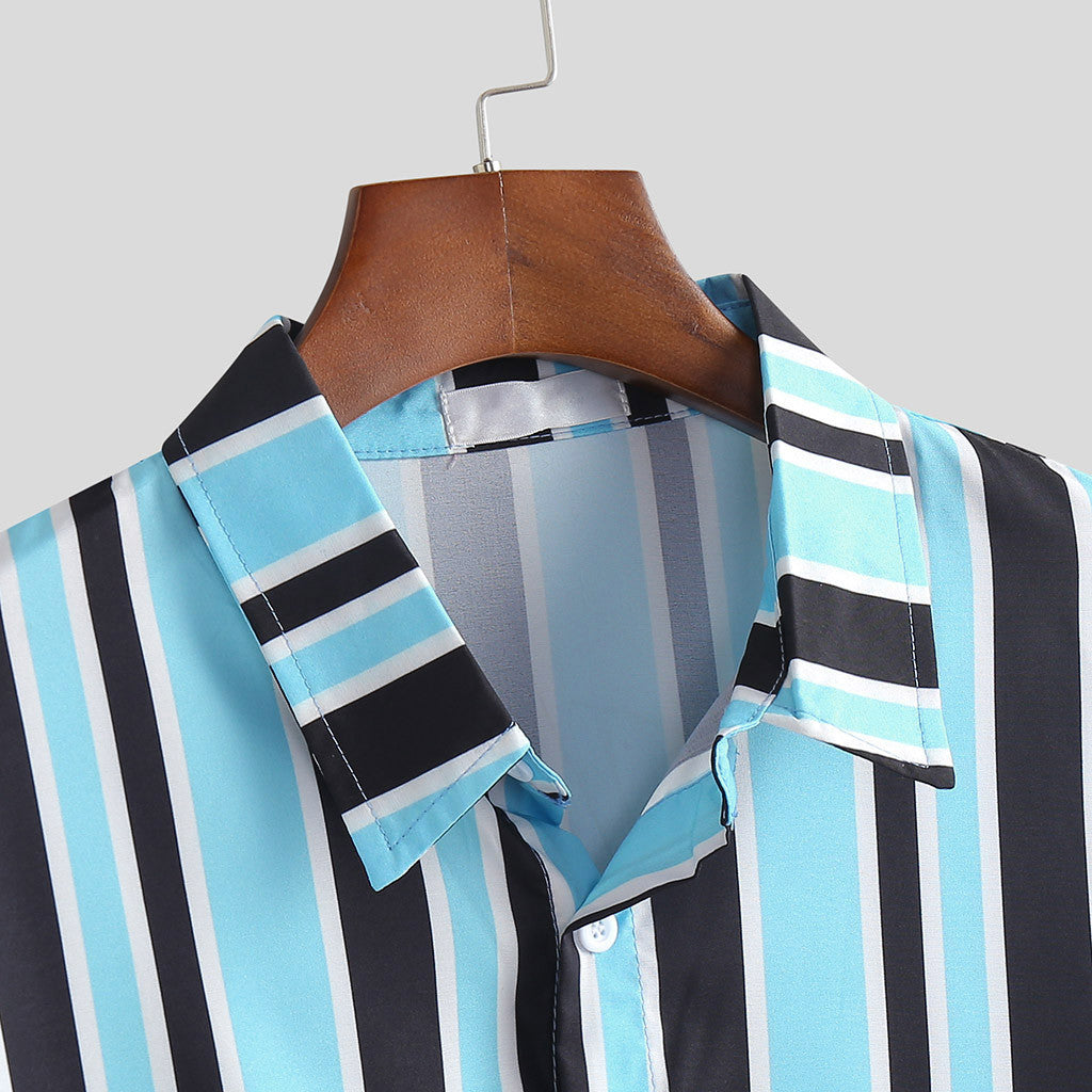 Men's Vertical Striped Short-Sleeve Button-Down Shirt – Stylish & Breathable