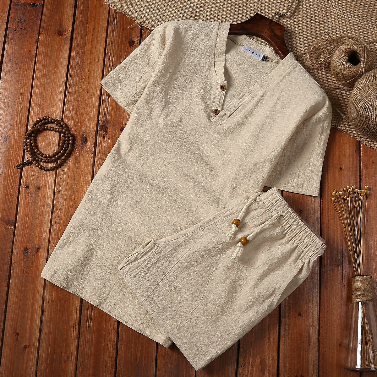 Elegant Linen Men's Pajama Set with Button-Down Top and Drawstring Pants
