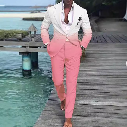 Men's Stylish Two-Tone Suit with White Blazer & Pink Trousers – Elegant Beach or Event Wear