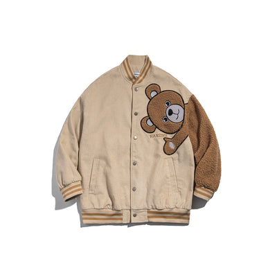 Mens' Cozy Teddy Bear Embroidered Bomber Jacket