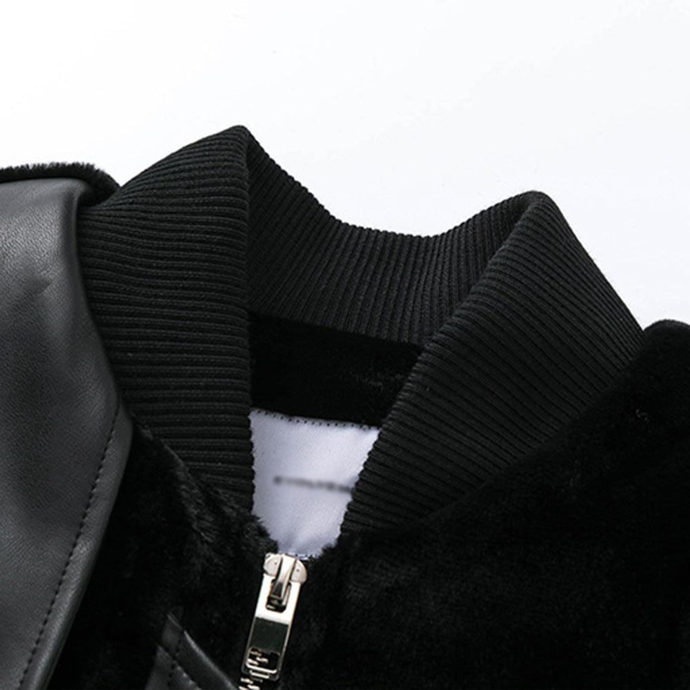 Men's Faux Leather Bomber Jacket with Velvet Sleeves