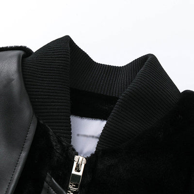Men's Faux Leather Bomber Jacket with Velvet Sleeves