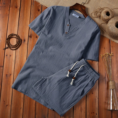 Elegant Linen Men's Pajama Set with Button-Down Top and Drawstring Pants