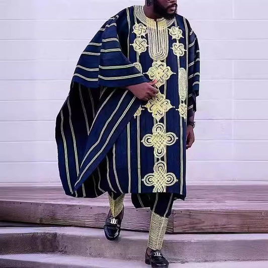 Traditional Nigerian Men's Agbada Attire with Gold Embroidery – Elegant African Wear for Special Occasions