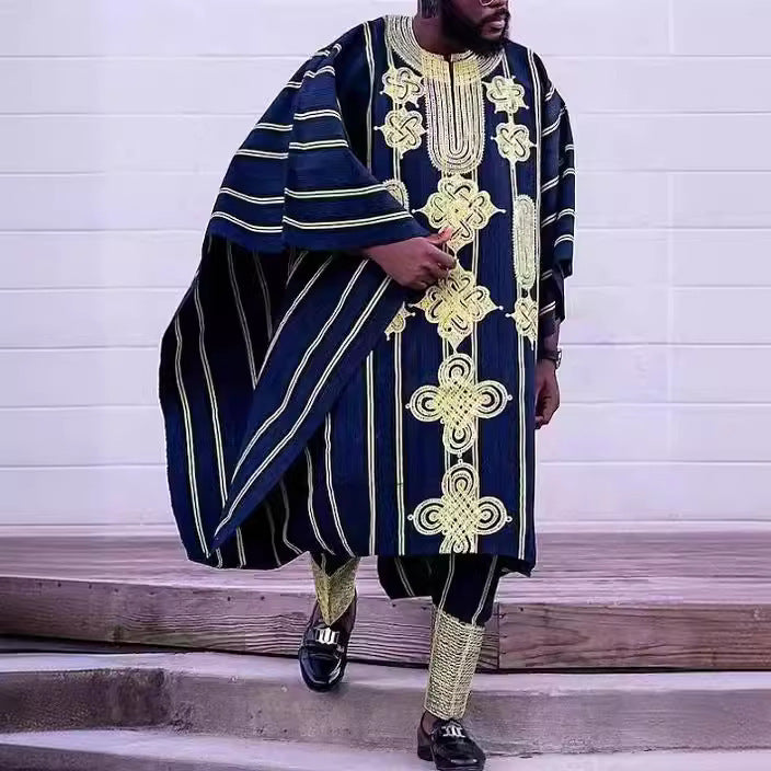 Traditional Nigerian Men's Agbada Attire with Gold Embroidery – Elegant African Wear for Special Occasions
