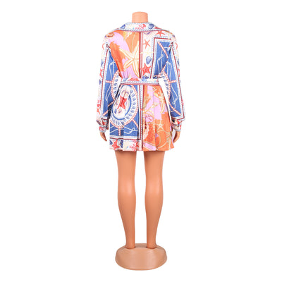 Print Pleated Skirt & Long Sleeve Shirt Set