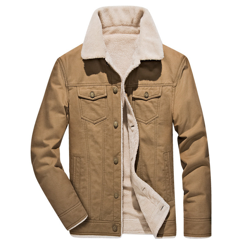Men’s Tan Corduroy Trucker Jacket with Sherpa Collar