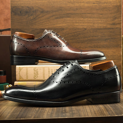 Luxury Leather Dress Shoes – Elegant Brogue Detailing in Black & Brown: Cowhide British Style Brock Oxford Shoes Men