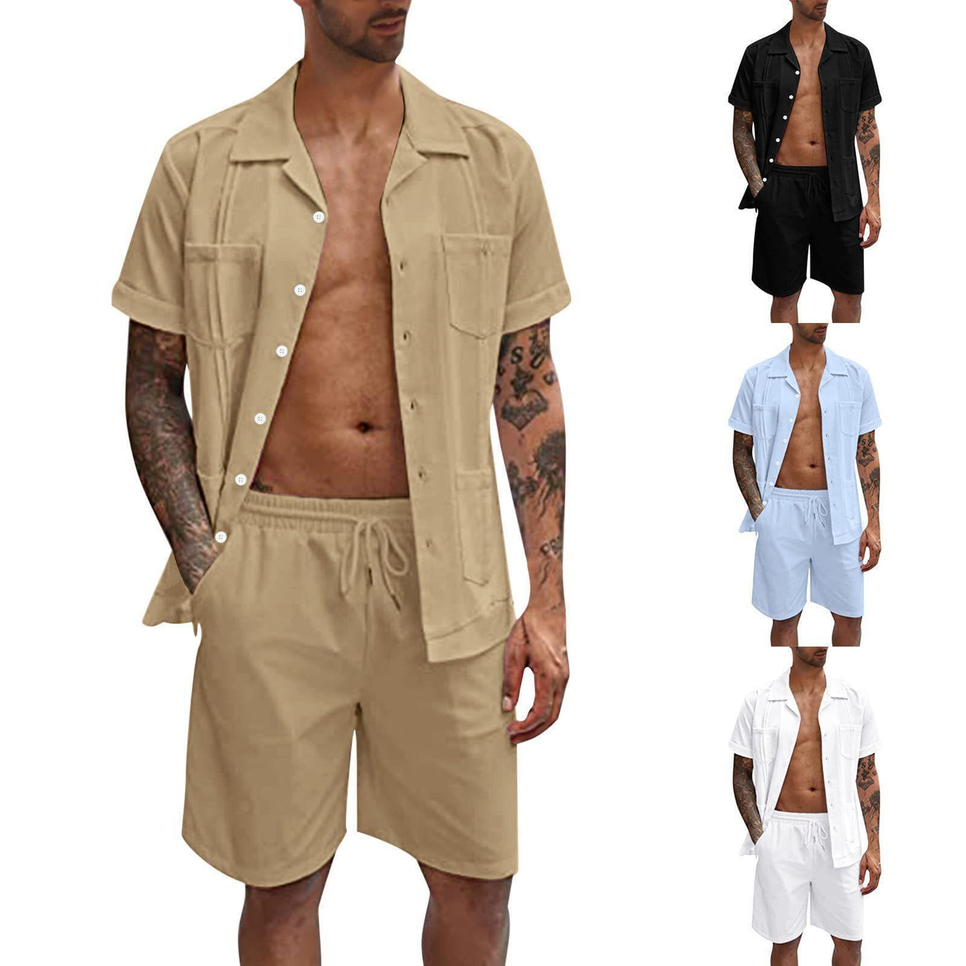 Men’s Short Sleeve Casual Button-Down Shirt & Drawstring Shorts Set – Stylish, Comfortable Summer Outfit
