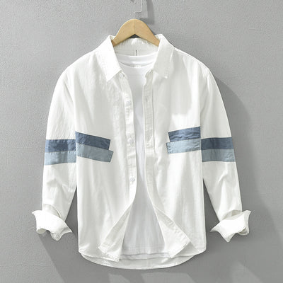 Men's Casual White Button-Down Shirt with Blue Stripe Details – Effortless Style