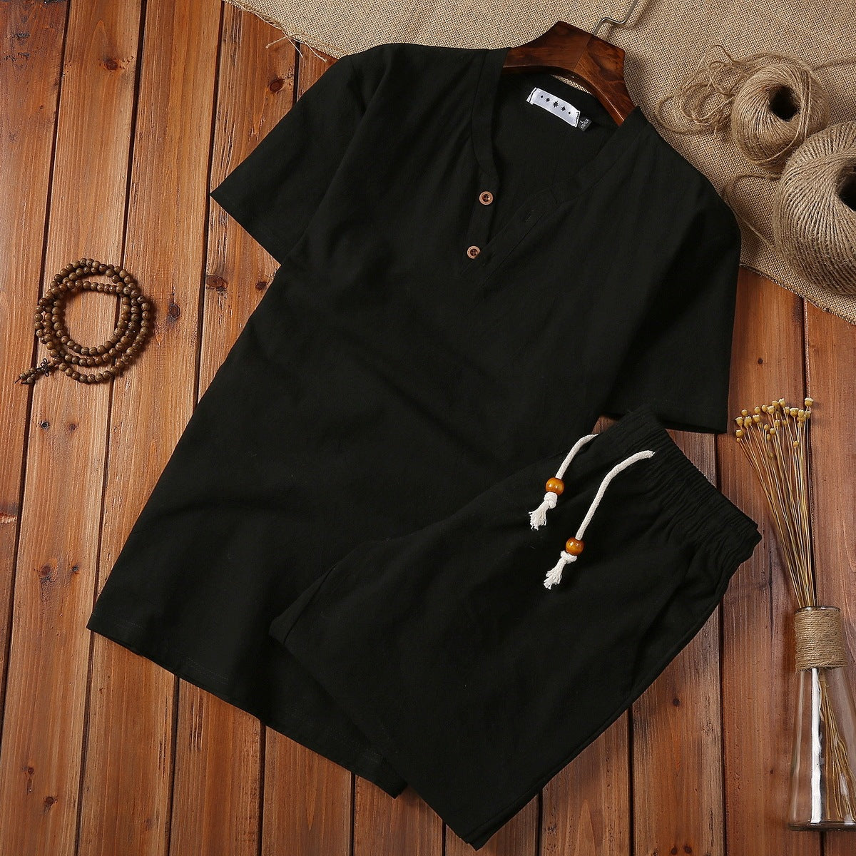 Elegant Linen Men's Pajama Set with Button-Down Top and Drawstring Pants