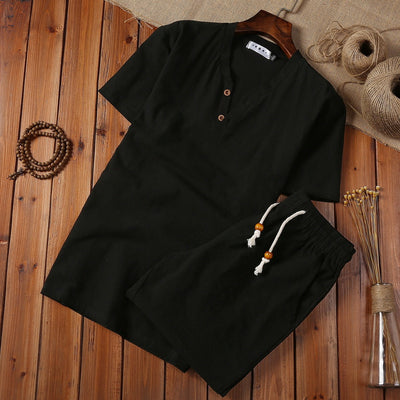Elegant Linen Men's Pajama Set with Button-Down Top and Drawstring Pants
