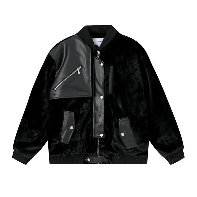 Men's Faux Leather Bomber Jacket with Velvet Sleeves