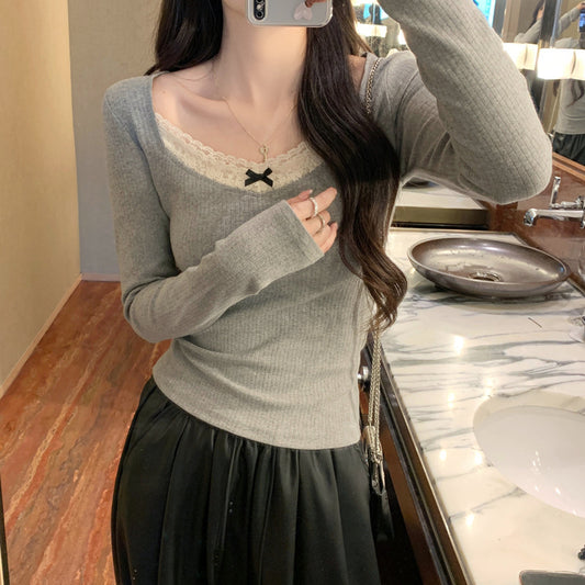 Lace Trimmed Long Sleeved Top