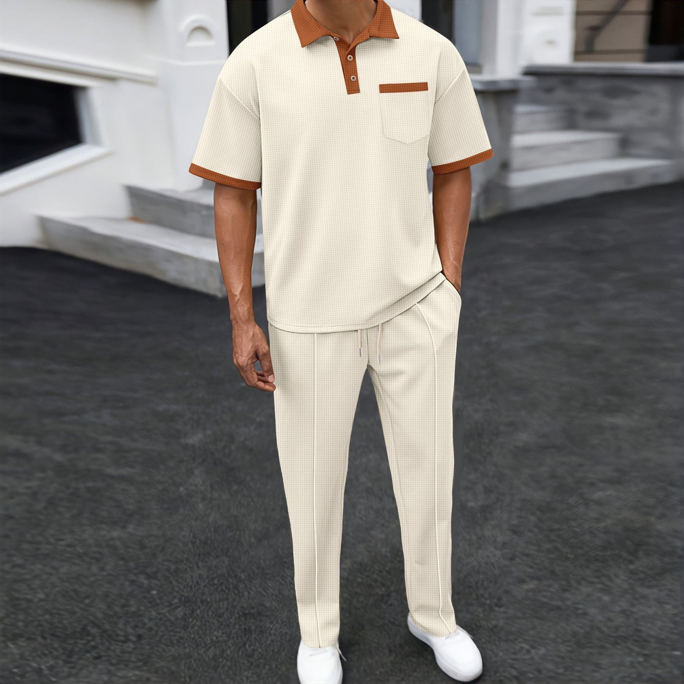 Waffle Lapel Color Matching Short-sleeved Trousers Two-piece Casual with Contrast Collar and Piping