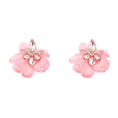 Alloy Diamond-embedded Fabric Flower Earrings