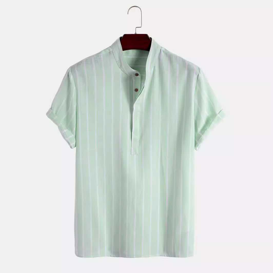 Men's Vertical Striped Linen Short Sleeve Shirt – Breathable, Stylish & Perfect for Summer