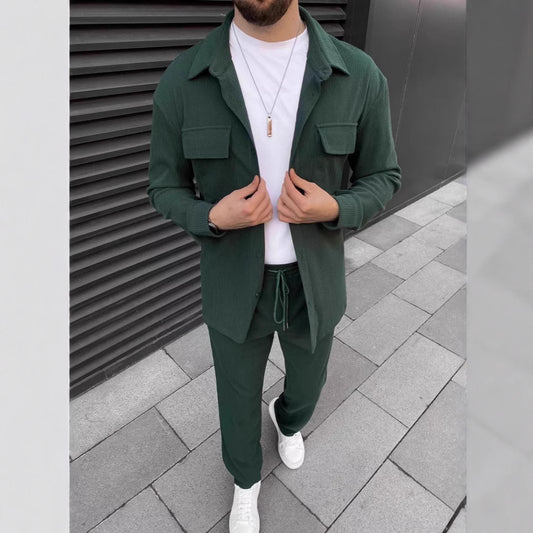 Men's Casual Green Corduroy Shirt & Jogger Set – Stylish Lounge and Streetwear