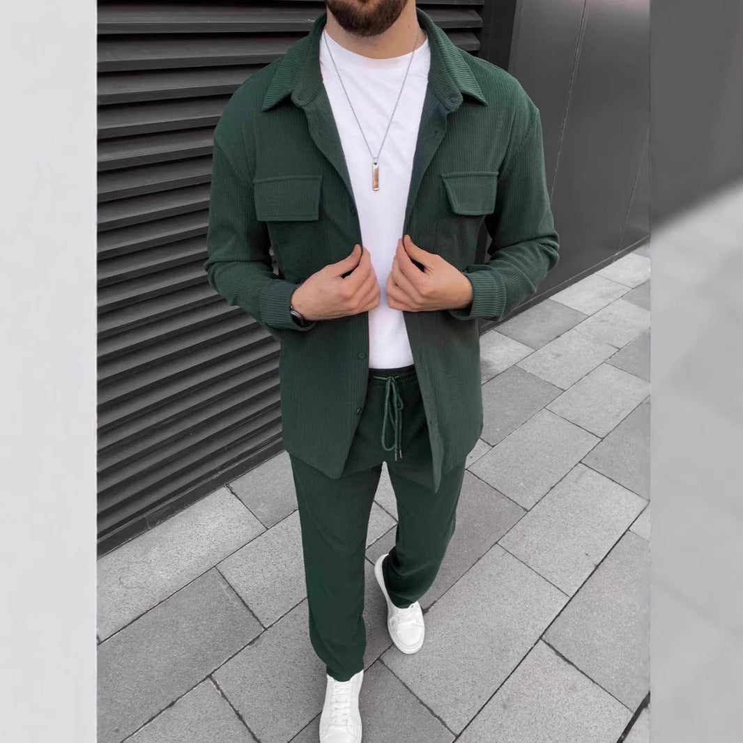 Men's Casual Green Corduroy Shirt & Jogger Set – Stylish Lounge and Streetwear