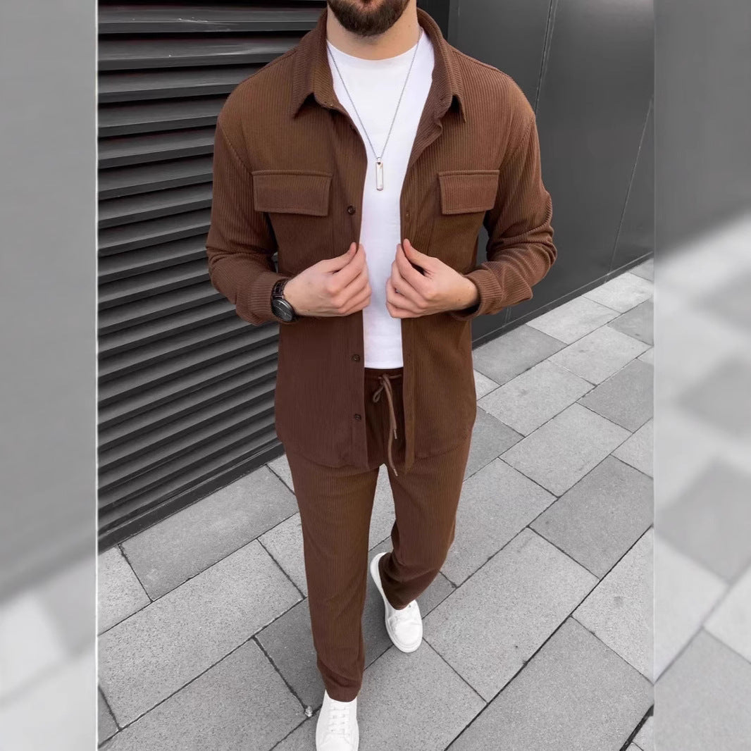Men's Casual Green Corduroy Shirt & Jogger Set – Stylish Lounge and Streetwear