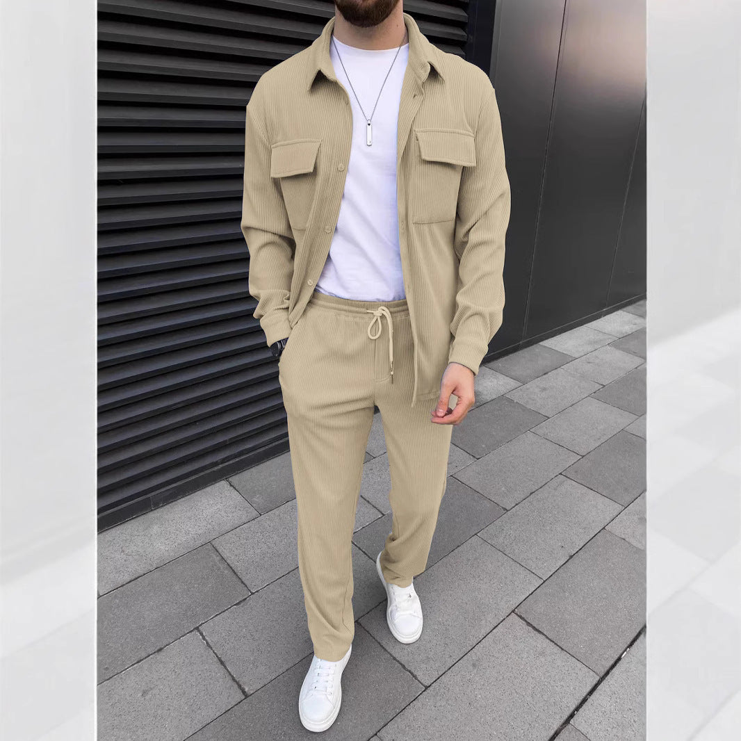 Men's Casual Green Corduroy Shirt & Jogger Set – Stylish Lounge and Streetwear