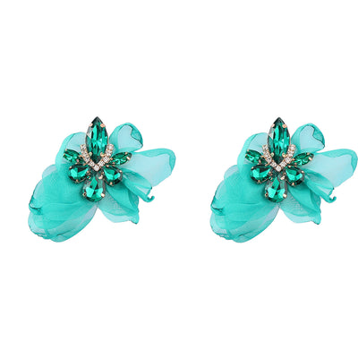 Alloy Diamond-embedded Fabric Flower Earrings