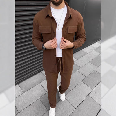 Men's Casual Green Corduroy Shirt & Jogger Set – Stylish Lounge and Streetwear